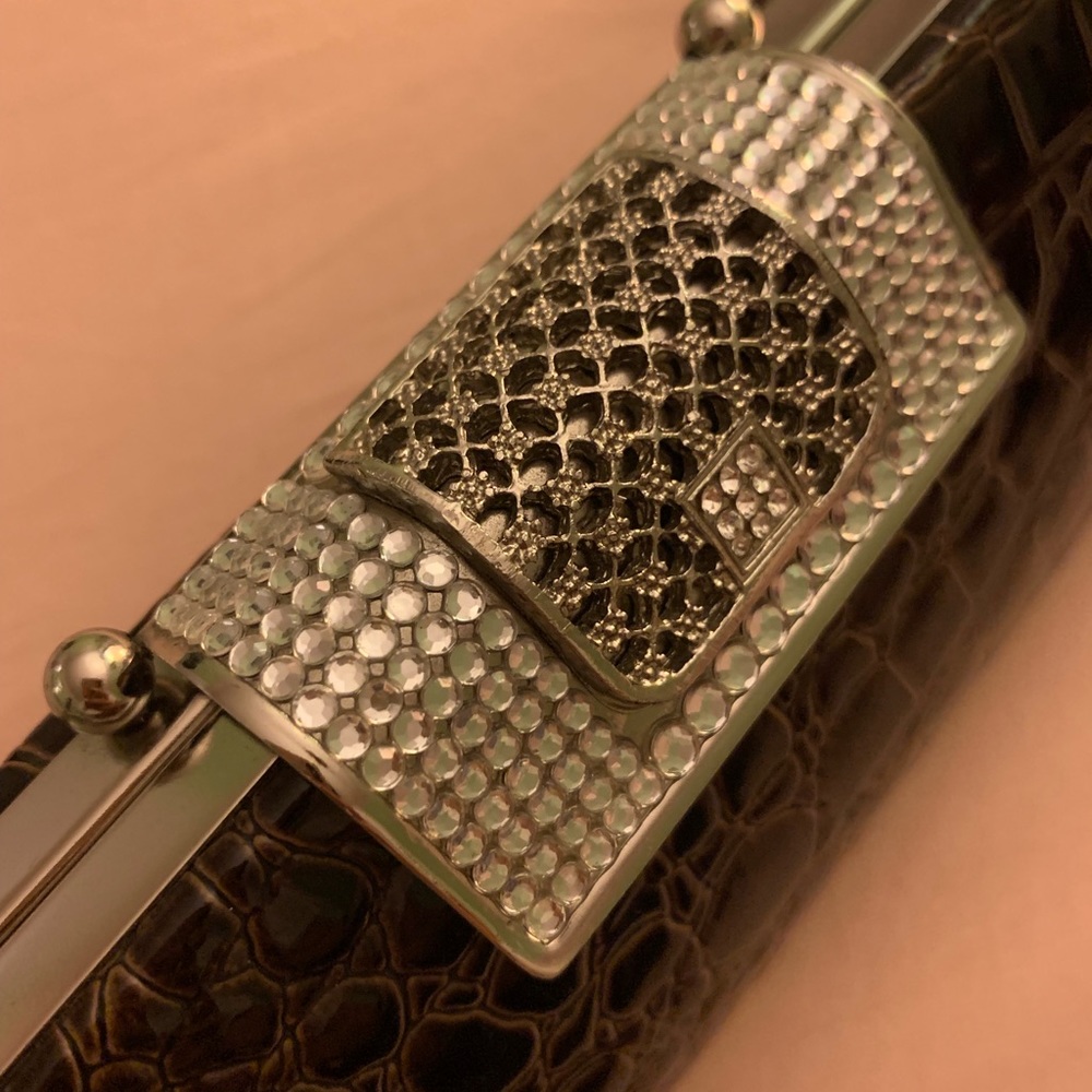 Brown Leather Clutch with Crystal Clasp